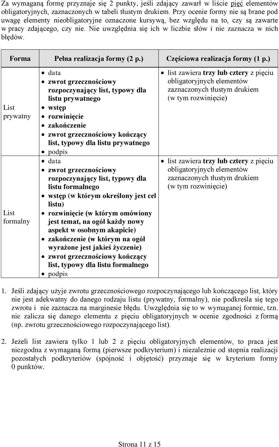 Nie uwzględnia się ich w liczbie słów i nie zaznacza w nich błędów. Forma Pełna realizacja formy (2 p.) Częściowa realizacja formy (1 p.