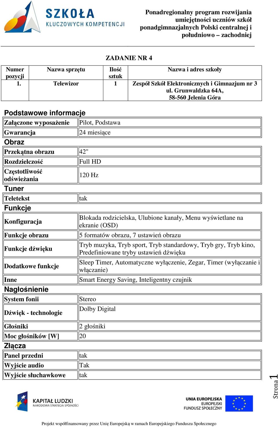 Grunwaldzka 64A, 58-560 Jelenia Góra Blokada rodzicielska, Ulubione kanały, Menu wyświetlane na ekranie (OSD) 5 formatów obrazu, 7 ustawień obrazu Tryb muzyka, Tryb sport, Tryb standardowy, Tryb gry,