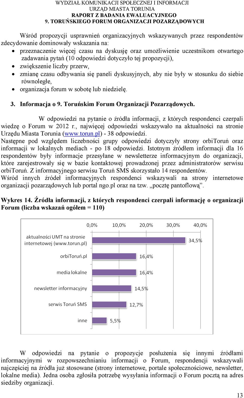 sobotę lub niedzielę. 3. Informacja o 9. Toruńskim Forum Organizacji Pozarządowych. W odpowiedzi na pytanie o źródła informacji, z których respondenci czerpali wiedzę o Forum w 2012 r.