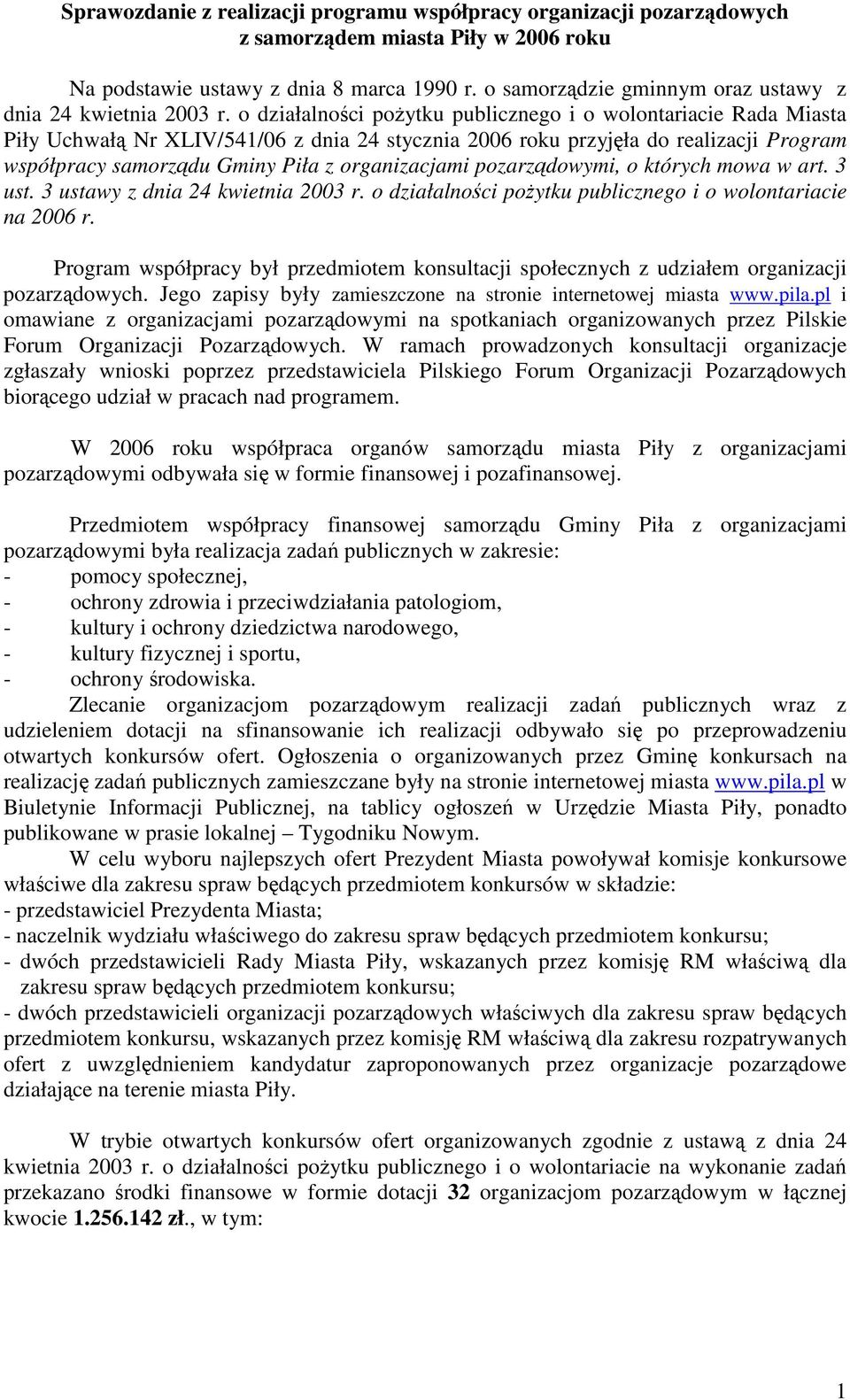 o działalności poŝytku publicznego i o wolontariacie Rada Miasta Piły Uchwałą Nr XLIV/541/06 z dnia 24 stycznia 2006 roku przyjęła do realizacji Program współpracy samorządu Gminy Piła z