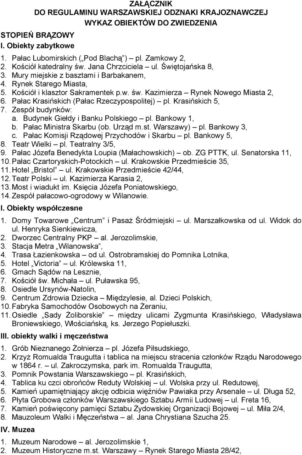 Pałac Krasińskich (Pałac Rzeczypospolitej) pl. Krasińskich 5, 7. Zespół budynków: a. Budynek Giełdy i Banku Polskiego pl. Bankowy 1, b. Pałac Ministra Skarbu (ob. Urząd m.st. Warszawy) pl.