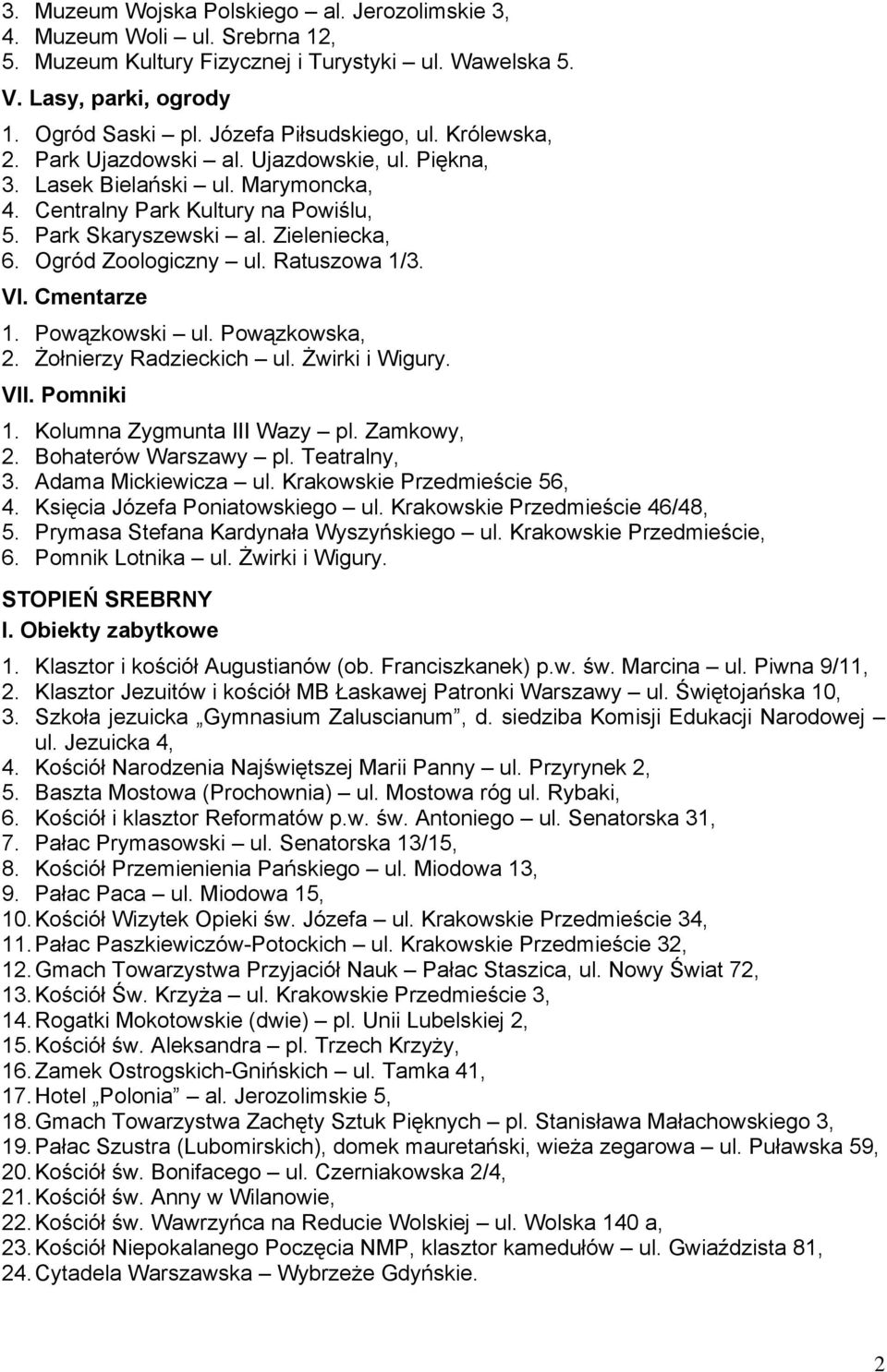 Ogród Zoologiczny ul. Ratuszowa 1/3. VI. Cmentarze 1. Powązkowski ul. Powązkowska, 2. Żołnierzy Radzieckich ul. Żwirki i Wigury. VII. Pomniki 1. Kolumna Zygmunta III Wazy pl. Zamkowy, 2.