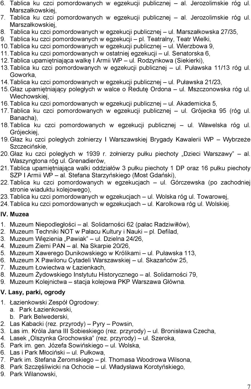 Tablica ku czci pomordowanych w egzekucji publicznej ul. Wierzbowa 9, 11. Tablica ku czci pomordowanych w ostatniej egzekucji ul. Senatorska 6, 12. Tablica upamiętniająca walkę I Armii WP ul.