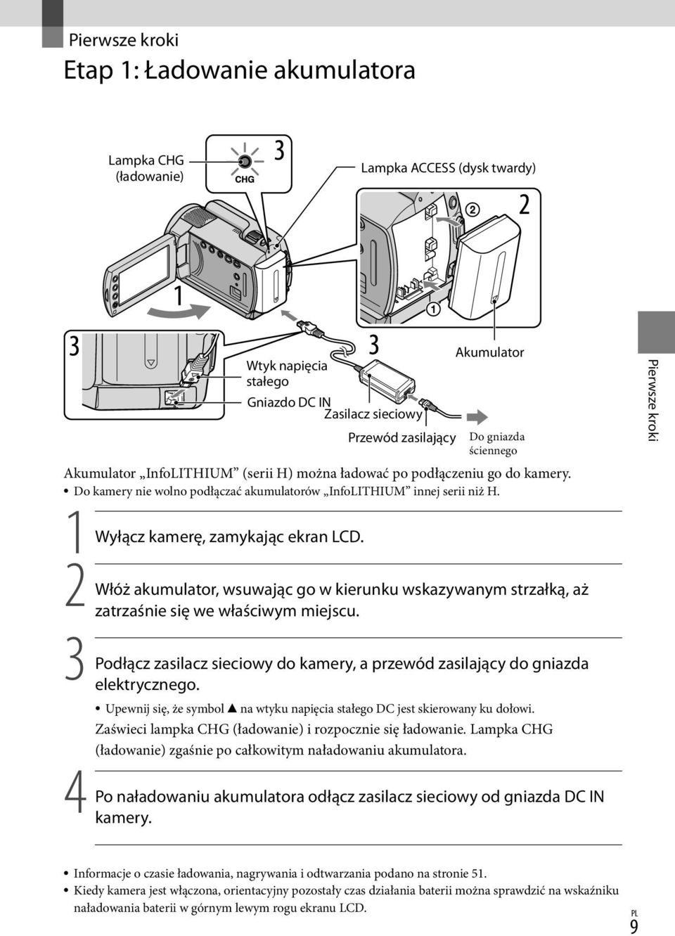 2 Włóż akumulator, wsuwając go w kierunku wskazywanym strzałką, aż zatrzaśnie się we właściwym miejscu. 3 Podłącz zasilacz sieciowy do kamery, a przewód zasilający do gniazda elektrycznego.