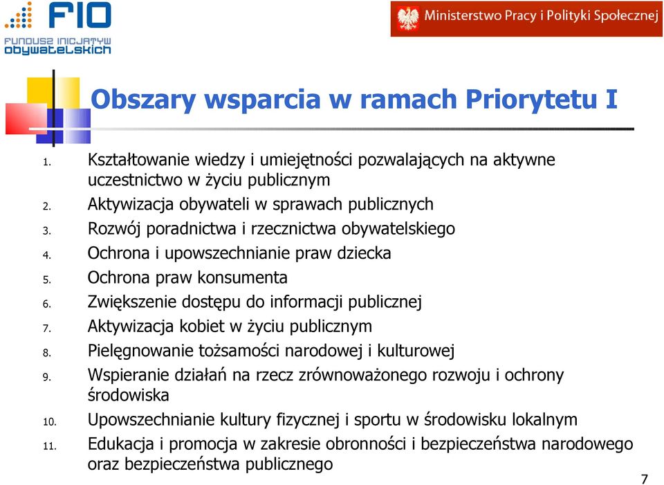 obywatelskiego Ochrona i upowszechnianie praw dziecka Ochrona praw konsumenta Zwiększenie dostępu do informacji publicznej Aktywizacja kobiet w życiu publicznym