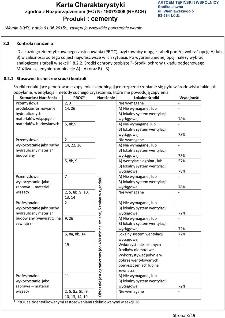 2. Środki ochrony osobistej" Środki ochrony układu oddechowego. Możliwe są jedynie kombinacje A) A) oraz B) B). 8.2.1 Stosowne techniczne środki kontroli Środki redukujące generowanie zapylenia i