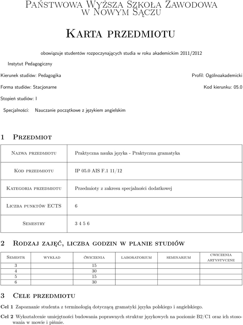 0 Stopień studiów: I Specjalności: Nauczanie początkowe z językiem angielskim 1 Przedmiot Nazwa przedmiotu Praktyczna nauka języka - Praktyczna gramatyka Kod przedmiotu IP 05.0 AIS F.