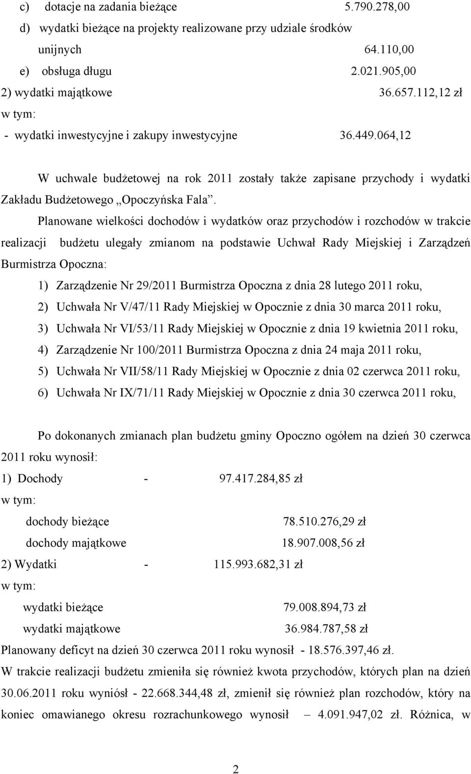 Planowane wielkości dochodów i wydatków oraz przychodów i rozchodów w trakcie realizacji budżetu ulegały zmianom na podstawie Uchwał Rady Miejskiej i Zarządzeń Burmistrza Opoczna: 1) Zarządzenie Nr