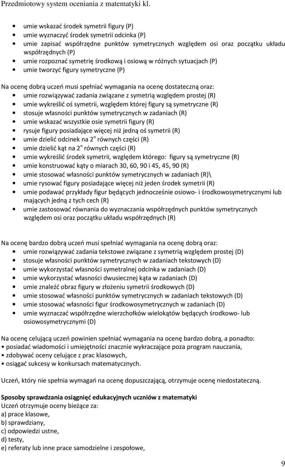 figury są symetryczne (R) stosuje własności punktów symetrycznych w zadaniach (R) umie wskazać wszystkie osie symetrii figury (R) rysuje figury posiadające więcej niż jedną oś symetrii (R) umie