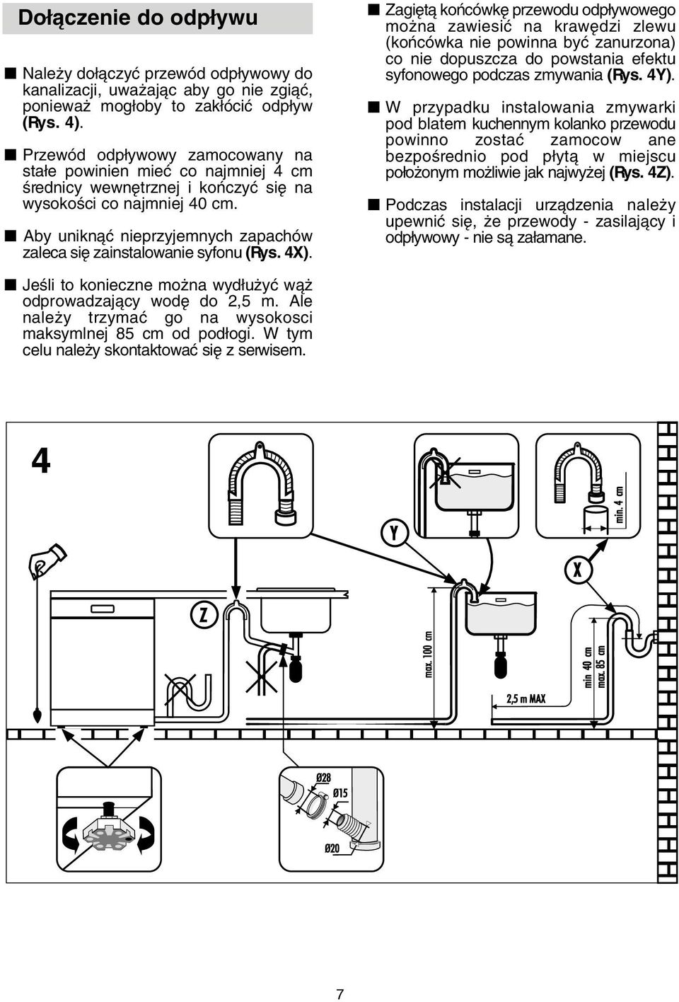 Aby uniknàç nieprzyjemnych zapachów zaleca si zainstalowanie syfonu (Rys. 4X).