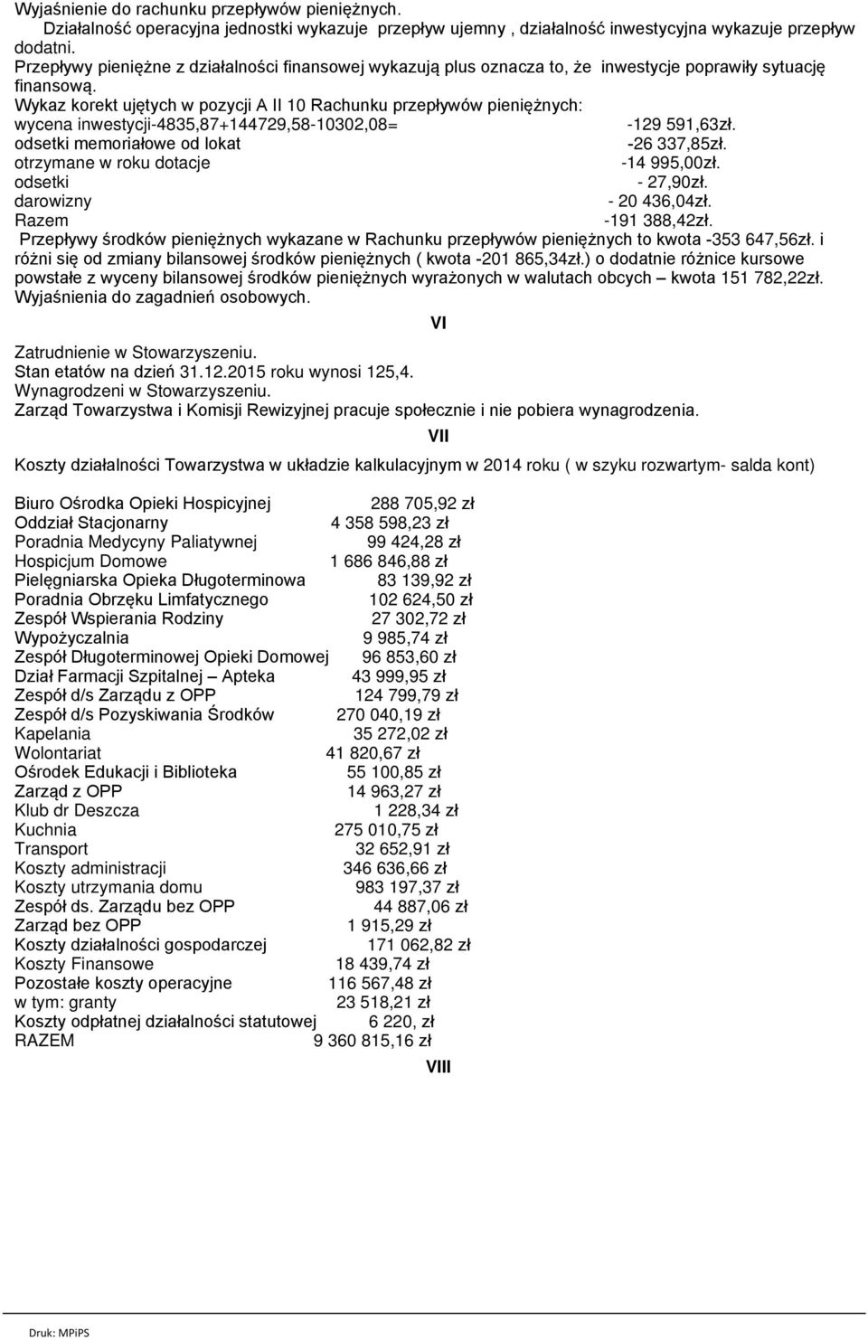Wykaz korekt ujętych w pozycji A II 10 Rachunku przepływów pieniężnych: wycena inwestycji-4835,87+144729,58-10302,08= -129 591,63zł. odsetki memoriałowe od lokat -26 337,85zł.