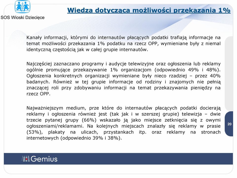 Najczęściej zaznaczano programy i audycje telewizyjne oraz ogłoszenia lub reklamy ogólnie promujące przekazywanie 1% organizacjom (odpowiednio 49% i 48%).