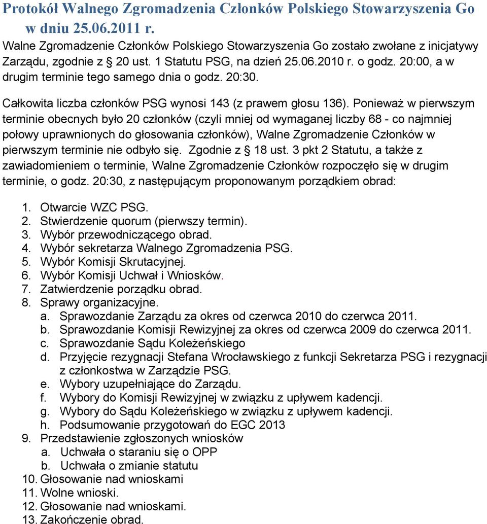 Ponieważ w pierwszym terminie obecnych było 20 członków (czyli mniej od wymaganej liczby 68 - co najmniej połowy uprawnionych do głosowania członków), Walne Zgromadzenie Członków w pierwszym terminie