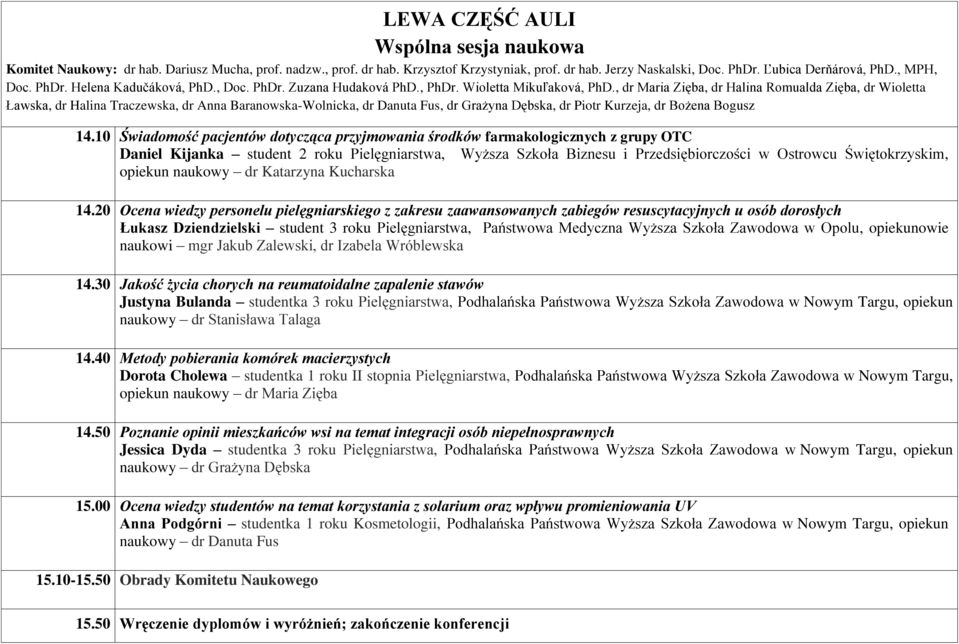 , dr Maria Zięba, dr Halina Romualda Zięba, dr Wioletta Ławska, dr Halina Traczewska, dr Anna Baranowska-Wolnicka, dr Danuta Fus, dr Grażyna Dębska, dr Piotr Kurzeja, dr Bożena Bogusz 14.