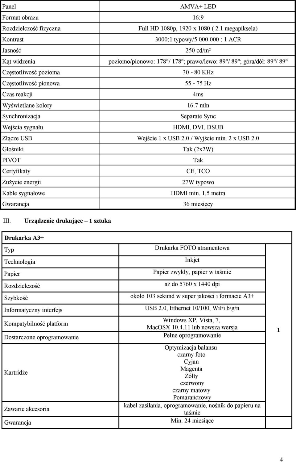 pionowa 55-75 Hz Czas reakcji 4ms Wyświetlane kolory 6.7 mln Synchronizacja Separate Sync Wejścia sygnału HDMI, DVI, DSUB Złącze USB Wejście x USB 2.0 / Wyjście min. 2 x USB 2.