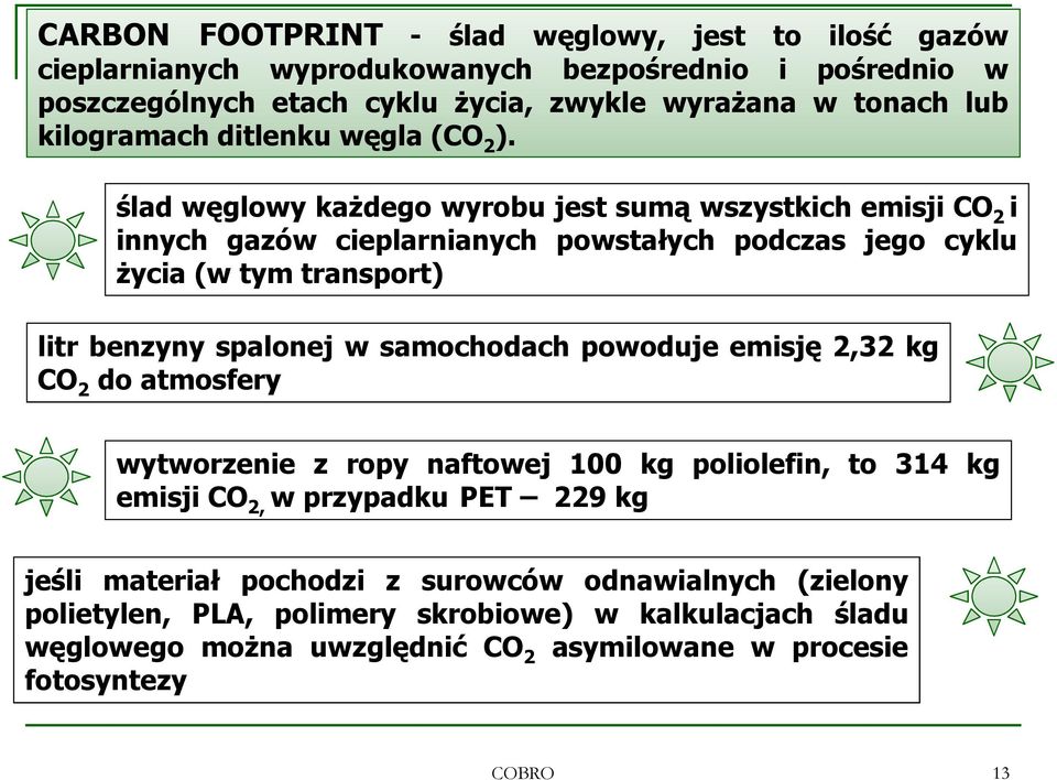 ślad węglowy każdego wyrobu jest sumą wszystkich emisji CO 2 i innych gazów cieplarnianych powstałych podczas jego cyklu życia (w tym transport) litr benzyny spalonej w