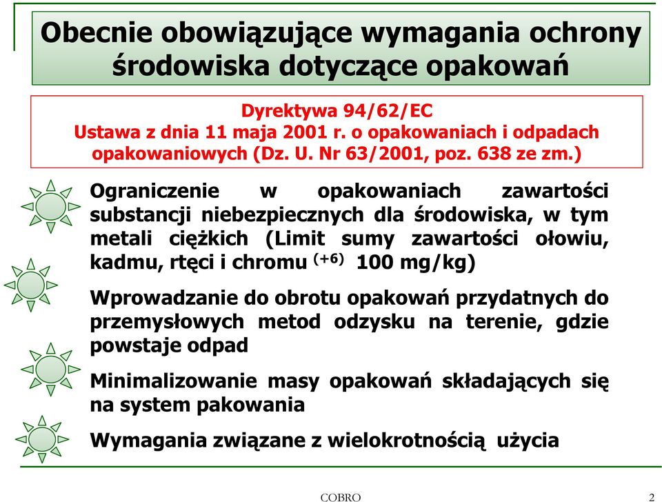 ) Ograniczenie w opakowaniach zawartości substancji niebezpiecznych dla środowiska, w tym metali ciężkich (Limit sumy zawartości ołowiu, kadmu,