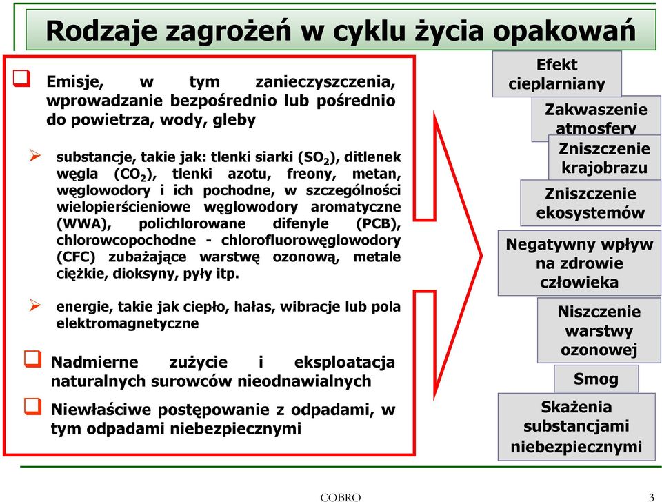 chlorofluorowęglowodory (CFC) zubażające warstwę ozonową, metale ciężkie, dioksyny, pyły itp.