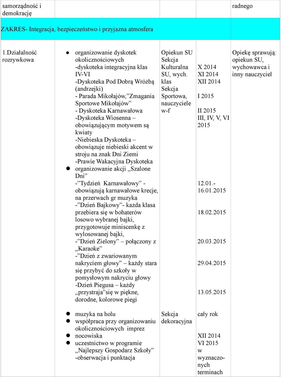 Karnawałowa -Dyskoteka Wiosenna obowiązującym motywem są kwiaty -Niebieska Dyskoteka obowiązuje niebieski akcent w stroju na znak Dni Ziemi -Prawie Wakacyjna Dyskoteka organizowanie akcji Szalone Dni