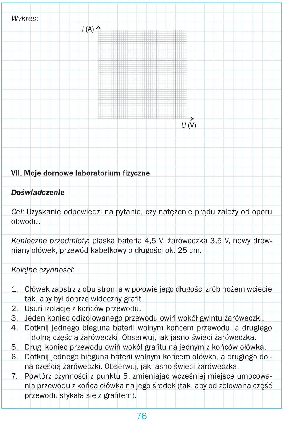 Ołówek zaostrz z obu stron, a w połowie jego długości zrób nożem wcięcie tak, aby był dobrze widoczny grafit. 2. Usuń izolację z końców przewodu. 3.