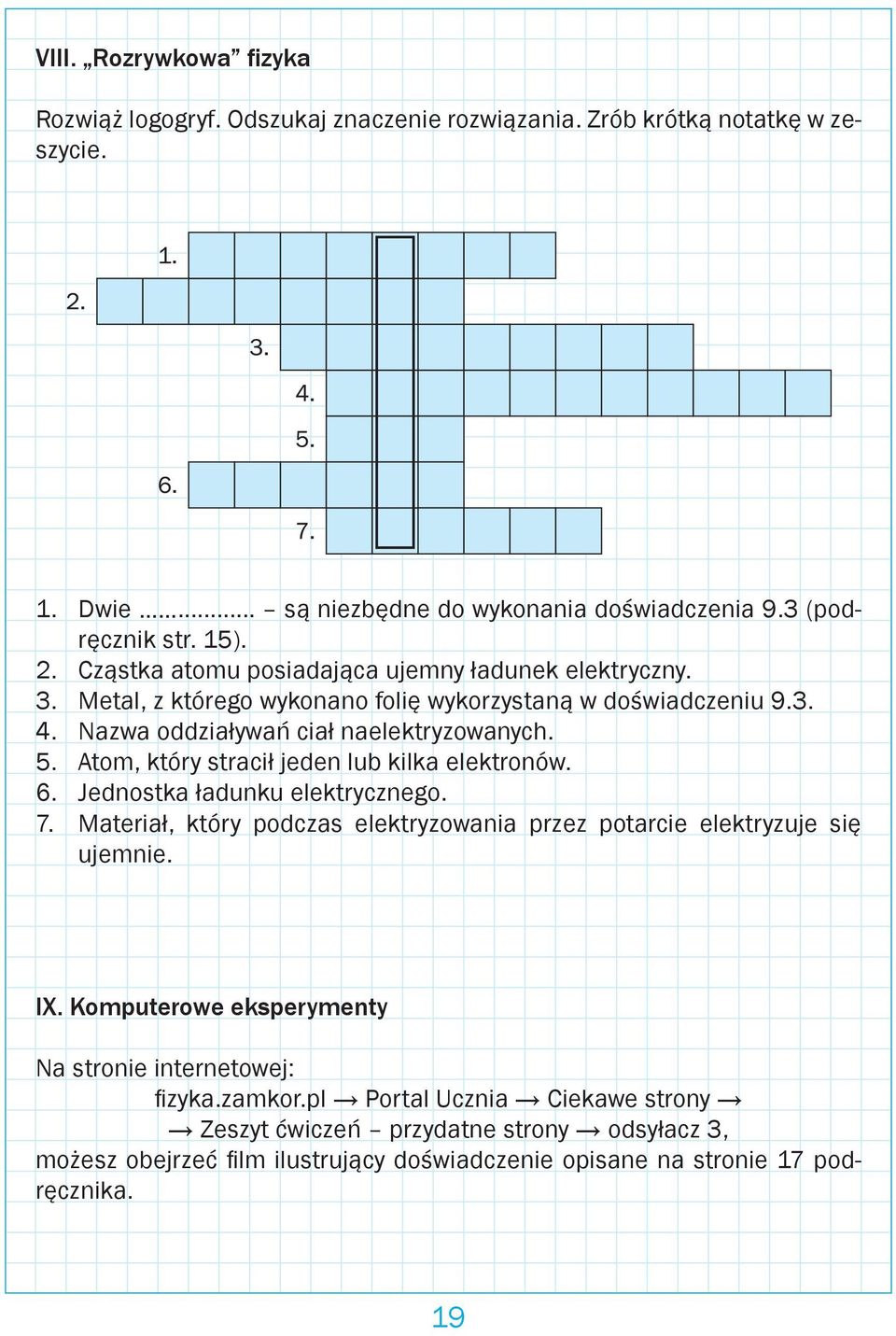 Atom, który stracił jeden lub kilka elektronów. 6. Jednostka ładunku elektrycznego. 7. Materiał, który podczas elektryzowania przez potarcie elektryzuje się ujemnie. IX.