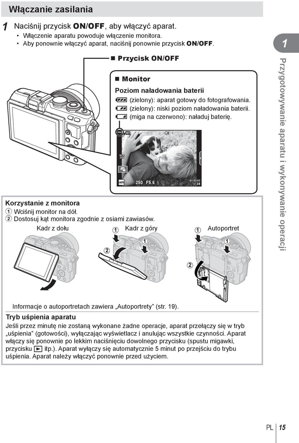 6 Korzystanie z monitora Wciśnij monitor na dół. 2 Dostosuj kąt monitora zgodnie z osiami zawiasów.