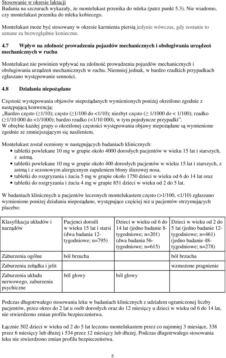 7 Wpływ na zdolność prowadzenia pojazdów mechanicznych i obsługiwania urządzeń mechanicznych w ruchu Montelukast nie powinien wpływać na zdolność prowadzenia pojazdów mechanicznych i obsługiwania