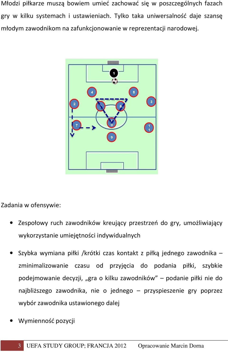 Zadania w ofensywie: Zespołowy ruch zawodników kreujący przestrzeń do gry, umożliwiający wykorzystanie umiejętności indywidualnych Szybka wymiana piłki /krótki czas kontakt z