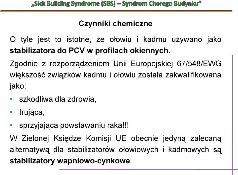 Zgodnie z rozporządzeniem Unii Europejskiej 67/548/EWG większość związków kadmu i ołowiu została