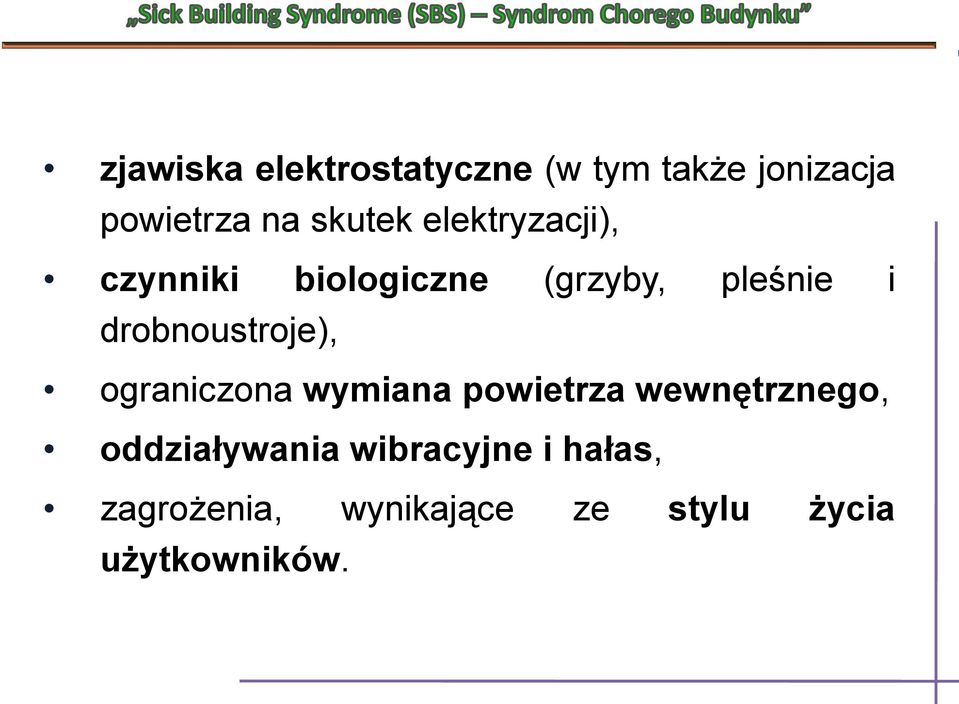 drobnoustroje), ograniczona wymiana powietrza wewnętrznego,