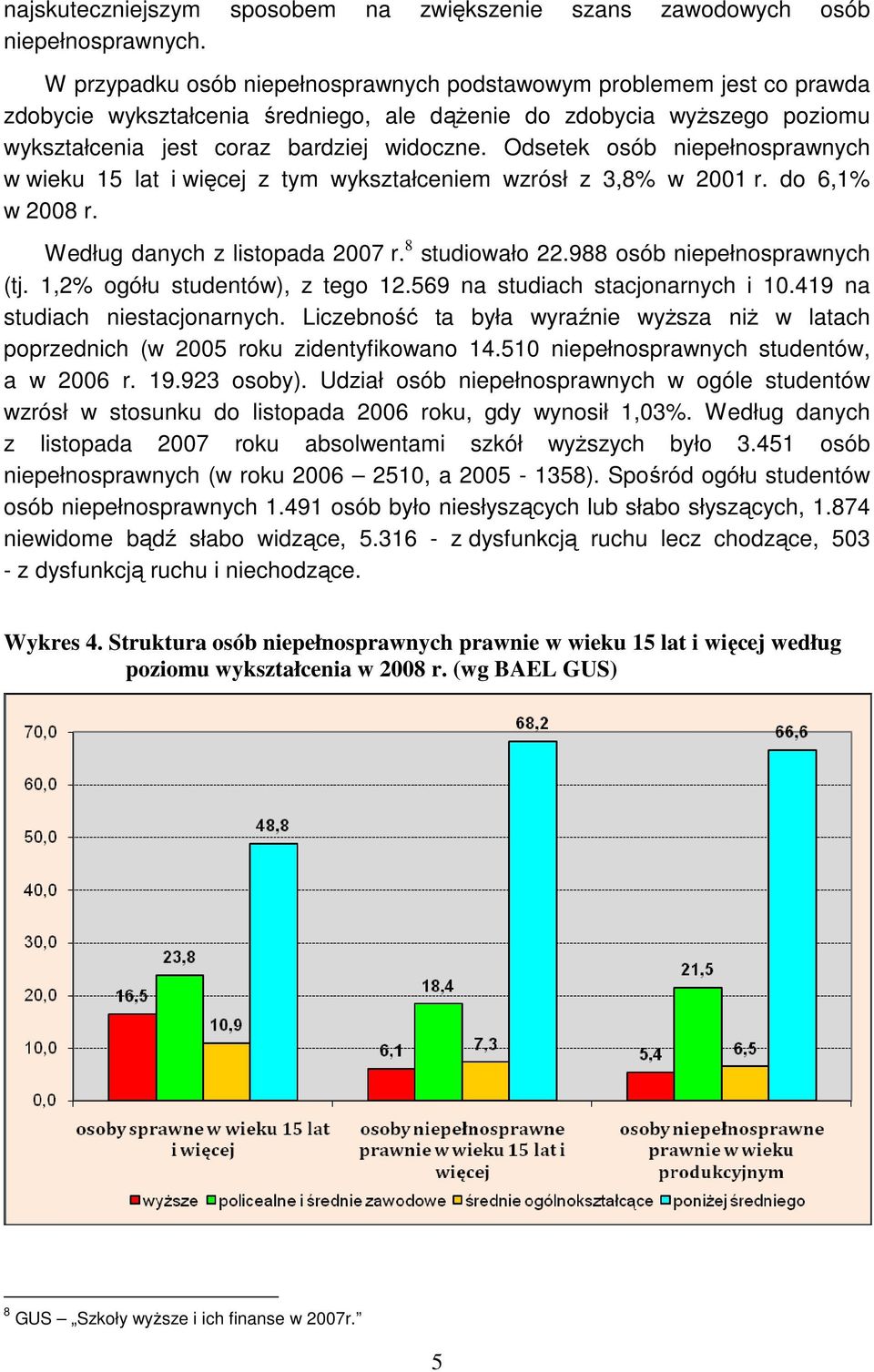 Odsetek osób niepełnosprawnych w wieku 15 lat i więcej z tym wykształceniem wzrósł z 3,8% w 2001 r. do 6,1% w 2008 r. Według danych z listopada 2007 r. 8 studiowało 22.988 osób niepełnosprawnych (tj.