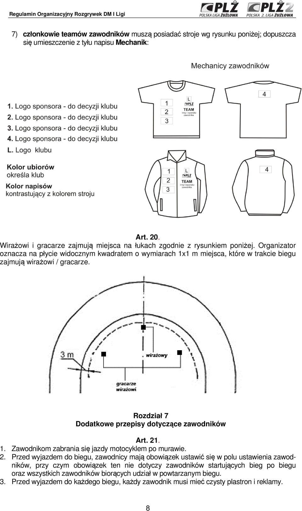 Organizator oznacza na płycie widocznym kwadratem o wymiarach 1x1 m miejsca, które w trakcie biegu zajmują wirażowi / gracarze. Rozdział 7 Dodatkowe przepisy dotyczące zawodników Art. 21. 1. Zawodnikom zabrania się jazdy motocyklem po murawie.