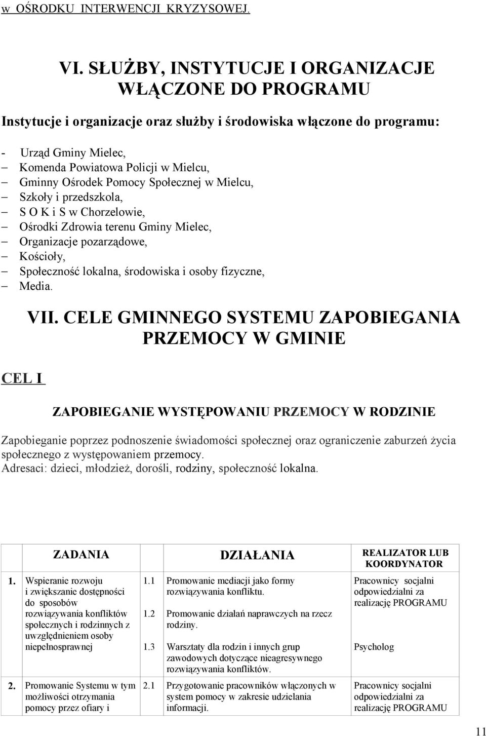 Pomocy Społecznej w Mielcu, Szkoły i przedszkola, S O K i S w Chorzelowie, Ośrodki Zdrowia terenu Gminy Mielec, Organizacje pozarządowe, Kościoły, Społeczność lokalna, środowiska i osoby fizyczne,