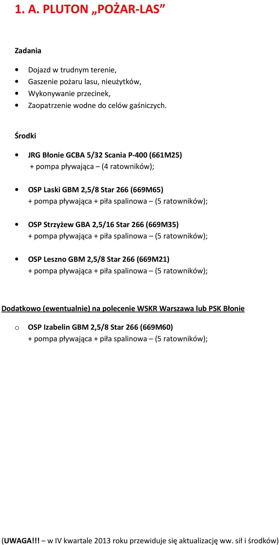 Strzyżew GBA 2,5/16 Star 266 (669M35) + pmpa pływająca + piła spalinwa OSP Leszn GBM 2,5/8 Star 266 (669M21) + pmpa pływająca + piła spalinwa Ddatkw (ewentualnie)