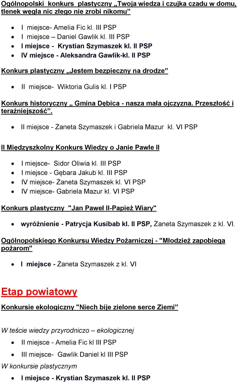 I PSP Konkurs historyczny Gmina Dębica - nasza mała ojczyzna. Przeszłość i teraźniejszość. II miejsce - Żaneta Szymaszek i Gabriela Mazur kl.
