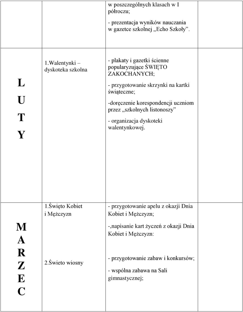 -doręczenie korespondencji uczniom przez szkolnych listonoszy - organizacja dyskoteki walentynkowej. M A R 1.Święto Kobiet i Mężczyzn 2.