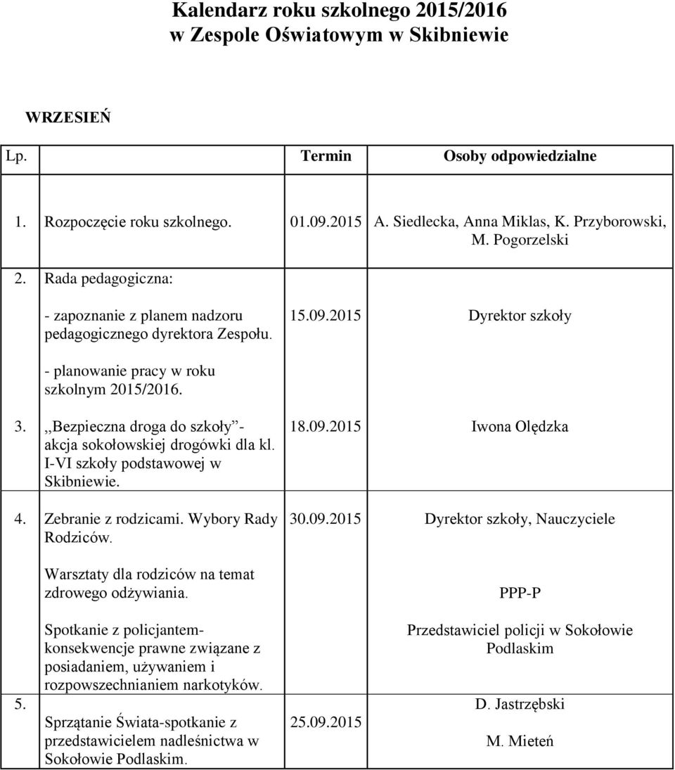 ,,Bezpieczna droga do szkoły - akcja sokołowskiej drogówki dla kl. I-VI szkoły podstawowej w Skibniewie. 18.09.2015 Iwona Olędzka 4. Zebranie z rodzicami. Wybory Rady Rodziców.