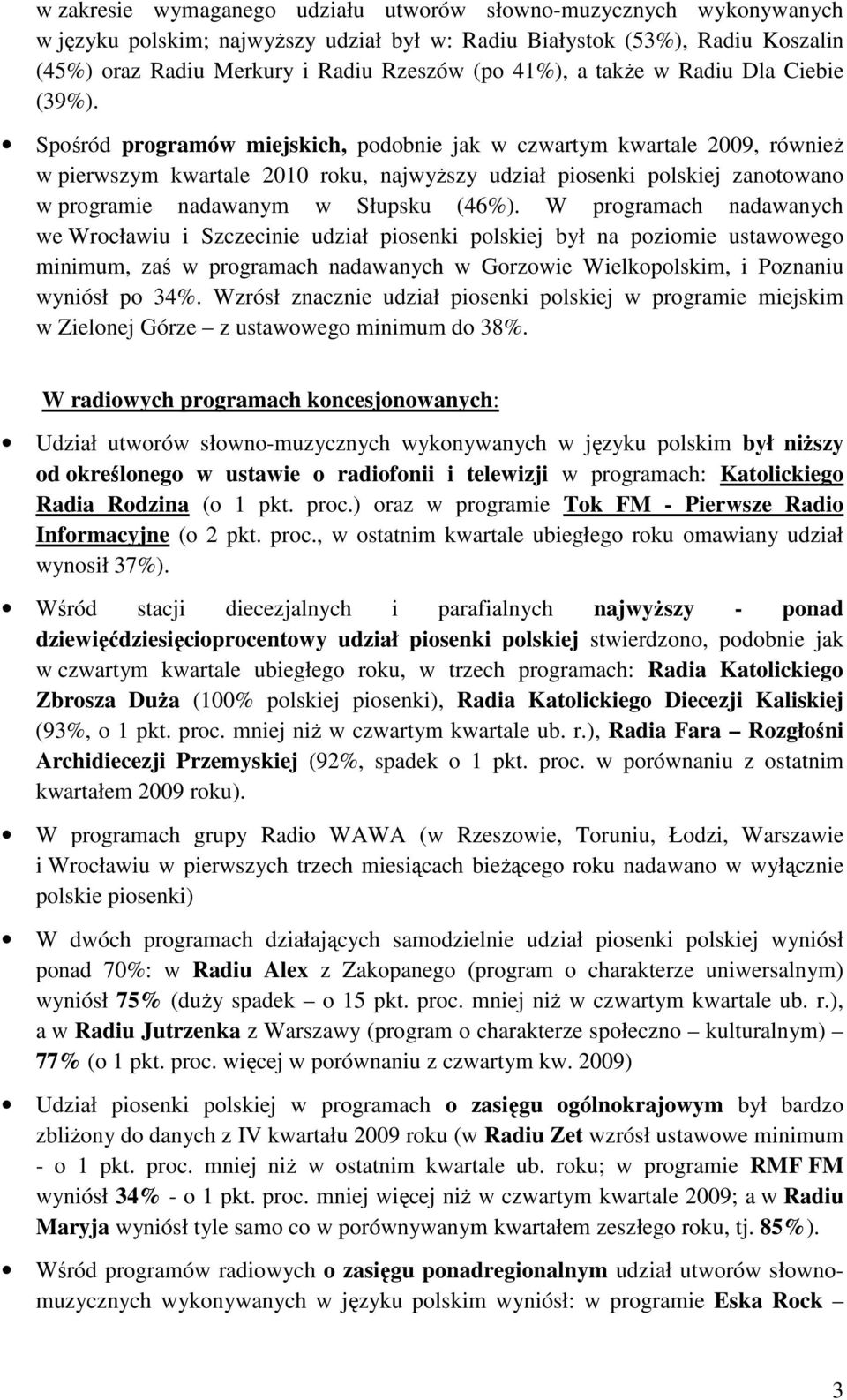 Spośród programów miejskich, podobnie jak w czwartym kwartale 2009, równieŝ w pierwszym kwartale 2010 roku, najwyŝszy udział piosenki polskiej zanotowano w programie nadawanym w Słupsku (46%).