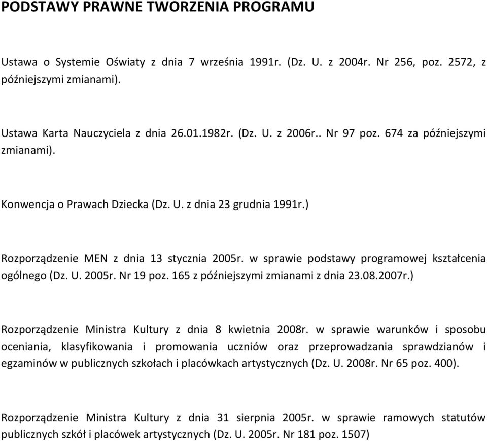 w sprawie podstawy programowej kształcenia ogólnego (Dz. U. 2005r. Nr 19 poz. 165 z późniejszymi zmianami z dnia 23.08.2007r.) Rozporządzenie Ministra Kultury z dnia 8 kwietnia 2008r.