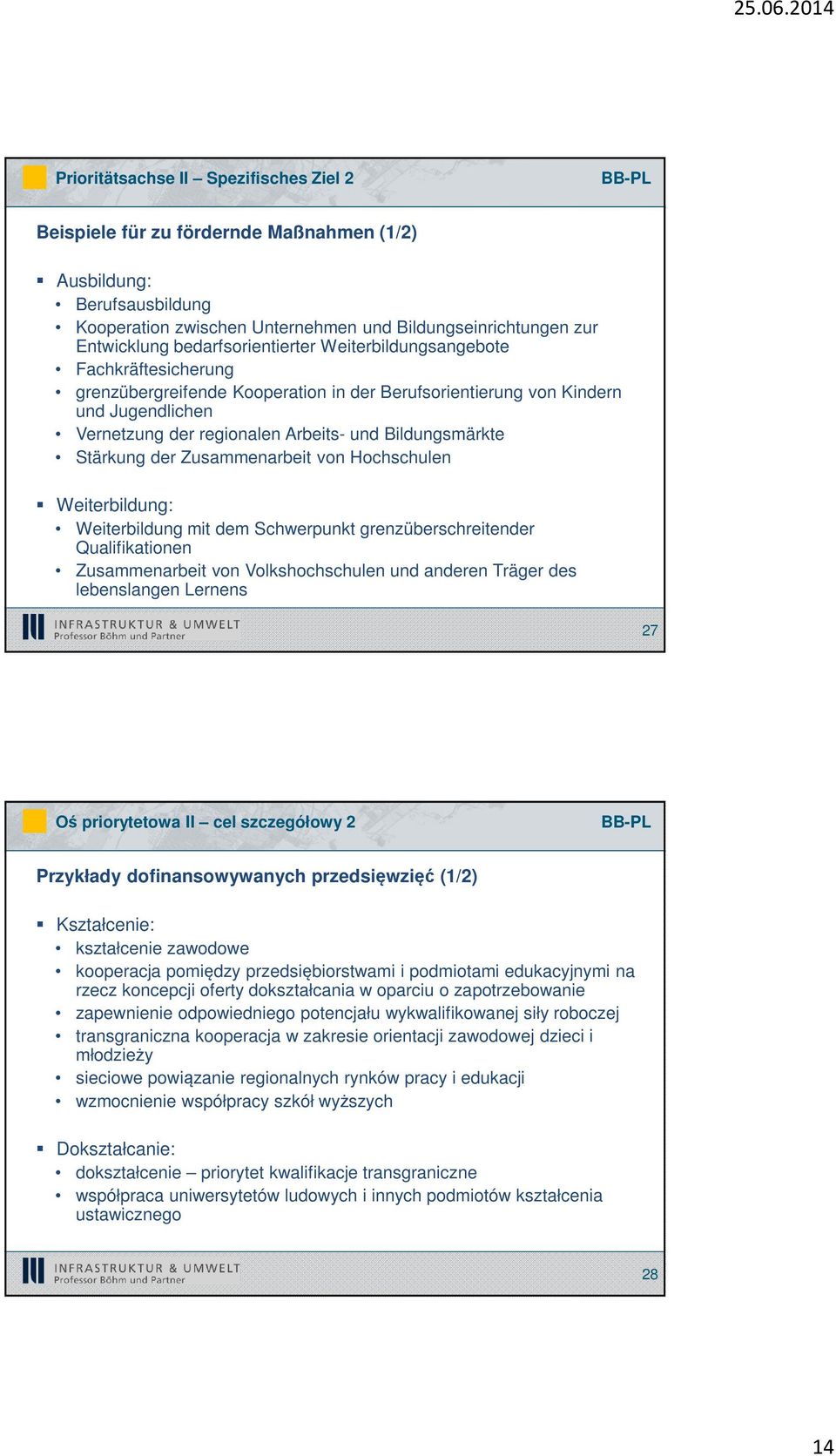 Bildungsmärkte Stärkung der Zusammenarbeit von Hochschulen Weiterbildung: Weiterbildung mit dem Schwerpunkt grenzüberschreitender Qualifikationen Zusammenarbeit von Volkshochschulen und anderen