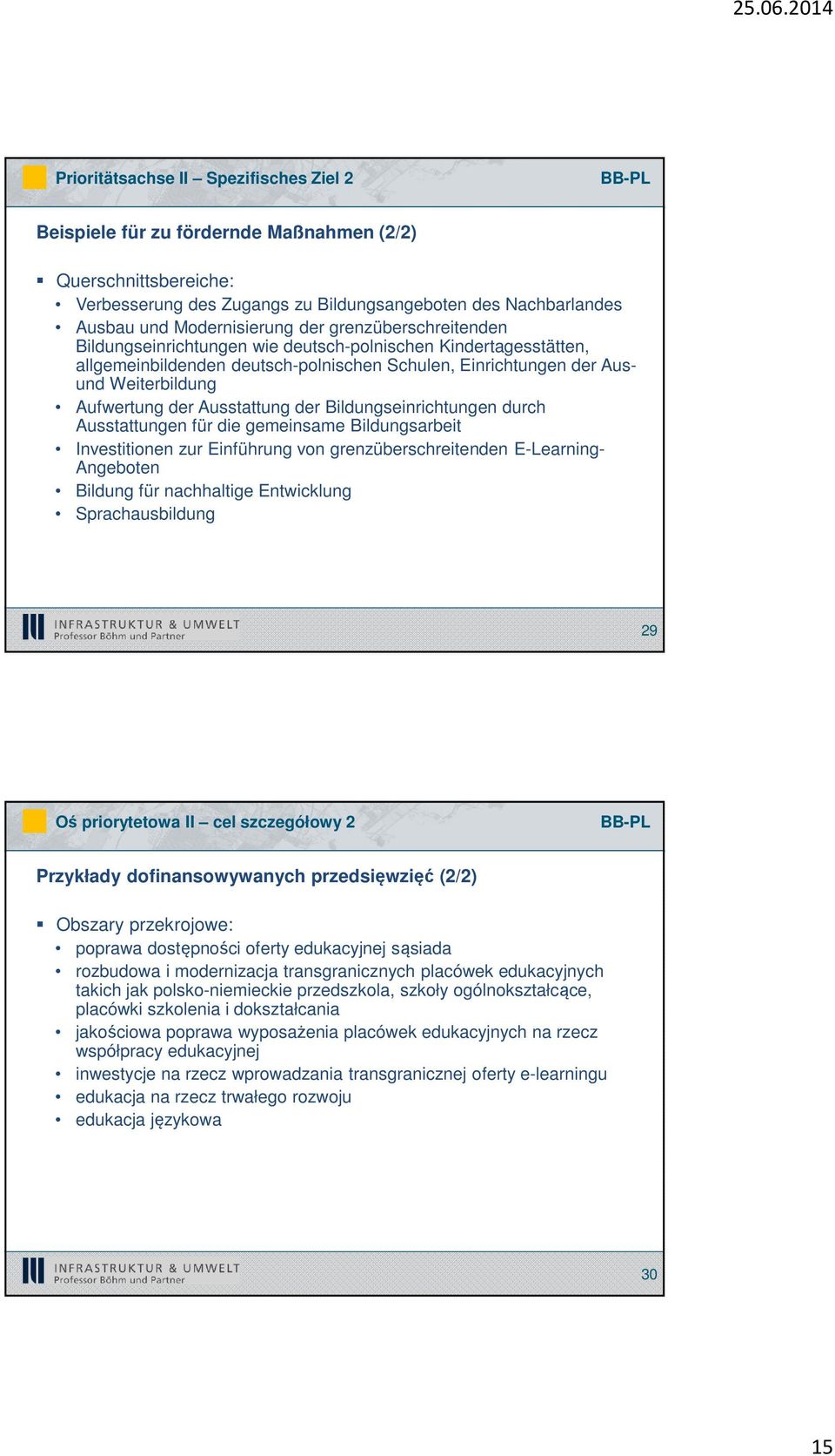 der Bildungseinrichtungen durch Ausstattungen für die gemeinsame Bildungsarbeit Investitionen zur Einführung von grenzüberschreitenden E-Learning- Angeboten Bildung für nachhaltige Entwicklung