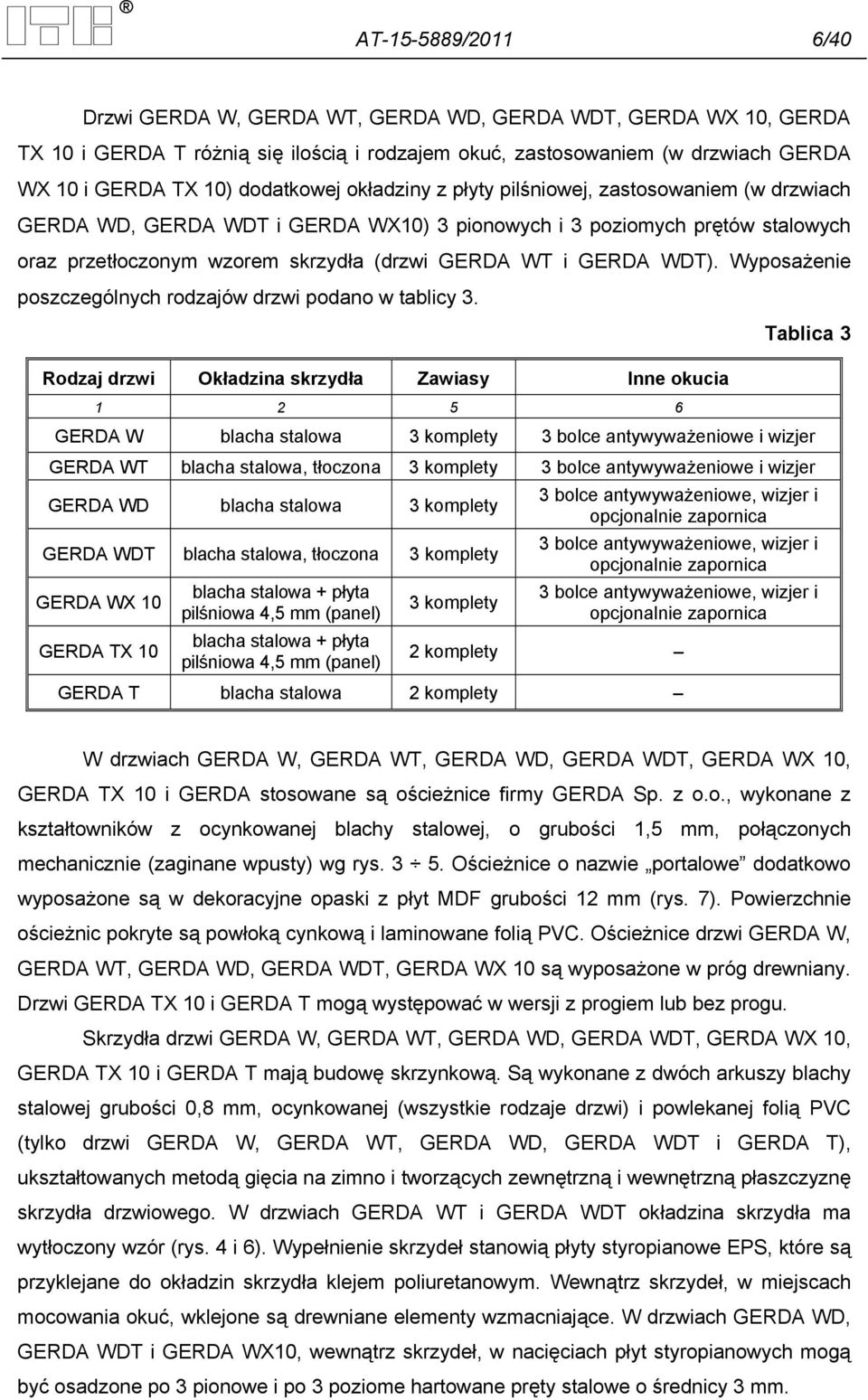 GERDA WDT). Wyposażenie poszczególnych rodzajów drzwi podano w tablicy 3.