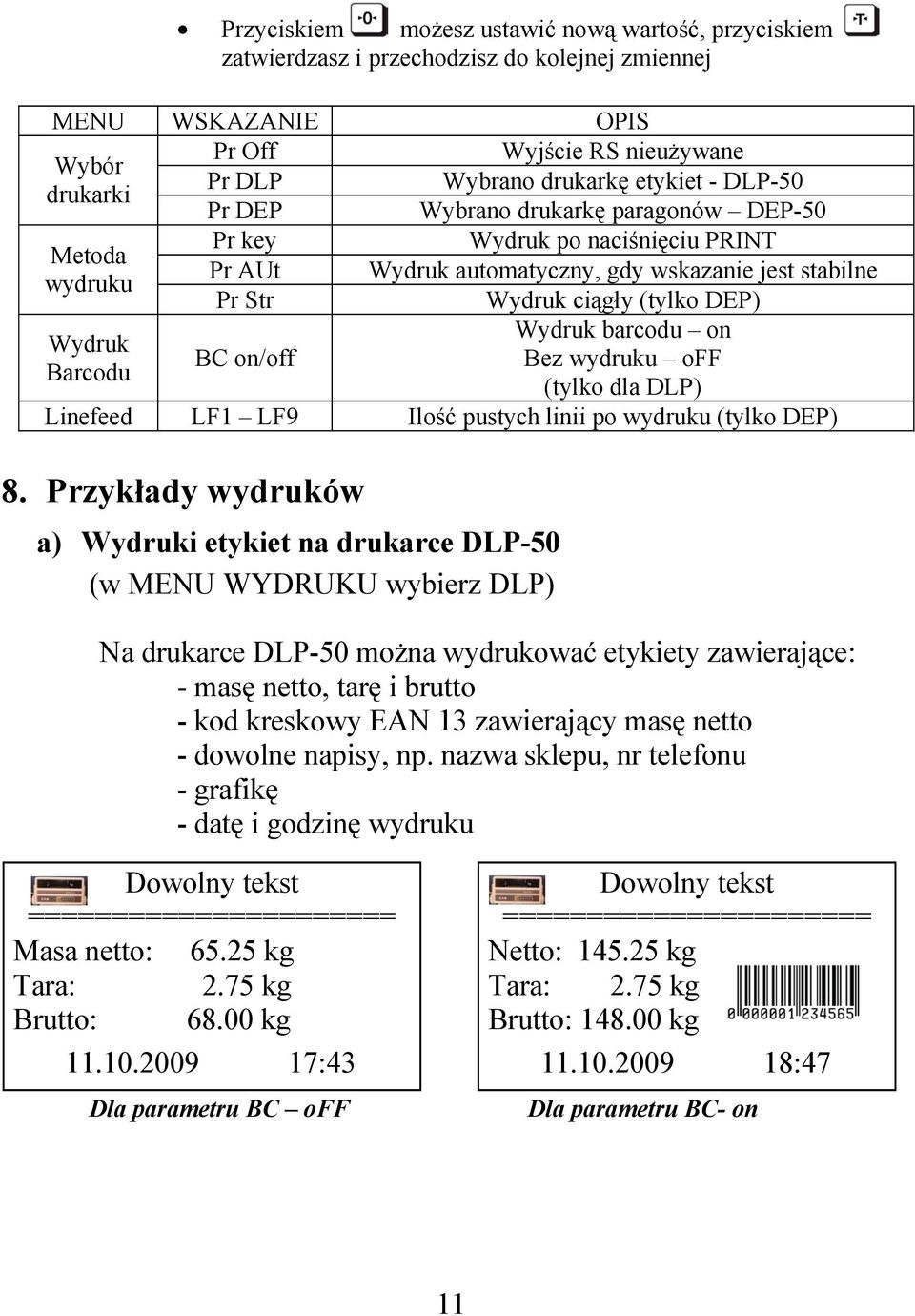 barcodu on Wydruk BC on/off Bez wydruku off Barcodu (tylko dla DLP) Linefeed LF1 LF9 Ilość pustych linii po wydruku (tylko DEP) 8.