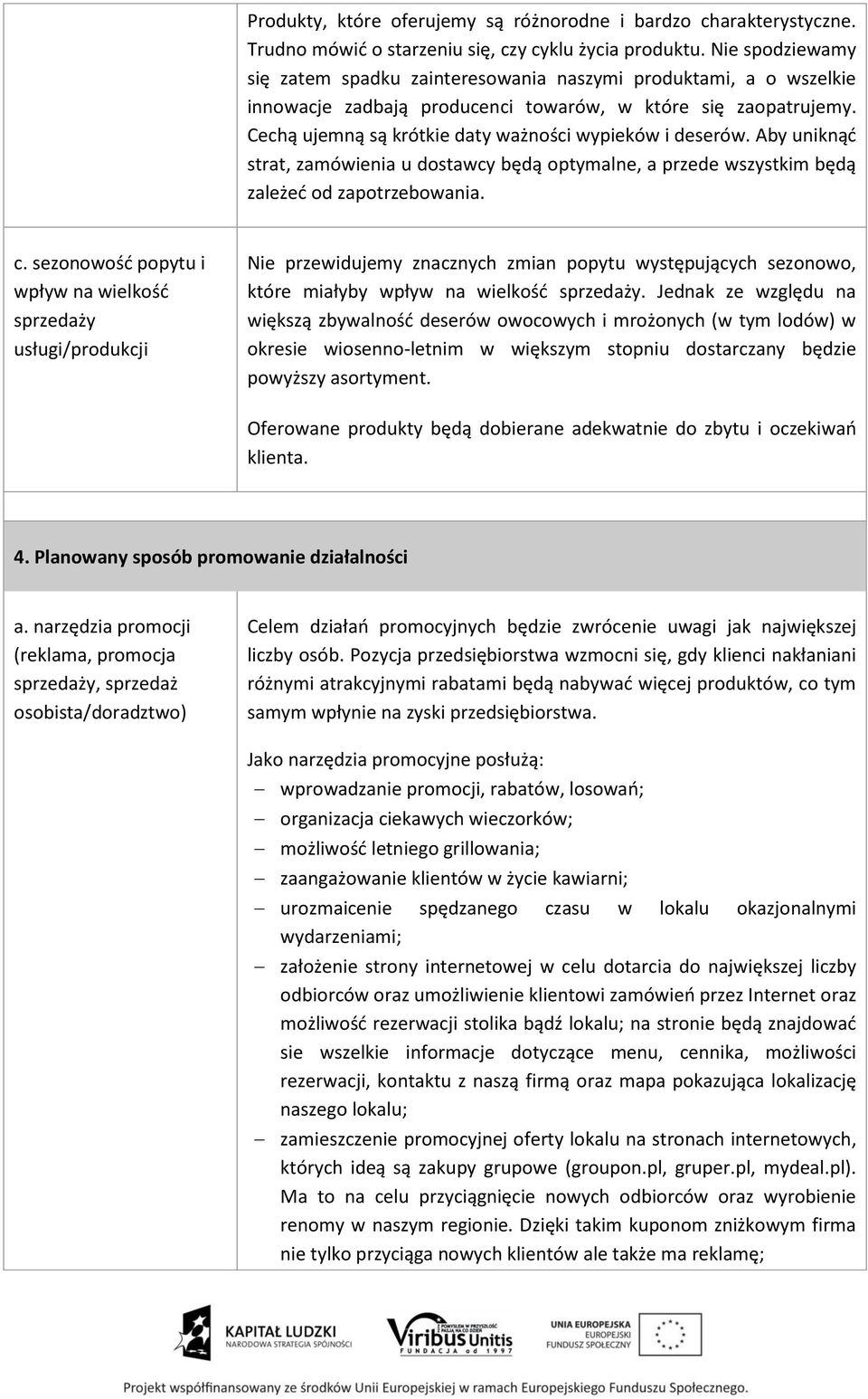 Cechą ujemną są krótkie daty ważności wypieków i deserów. Aby uniknąć strat, zamówienia u dostawcy będą optymalne, a przede wszystkim będą zależeć od zapotrzebowania. c.