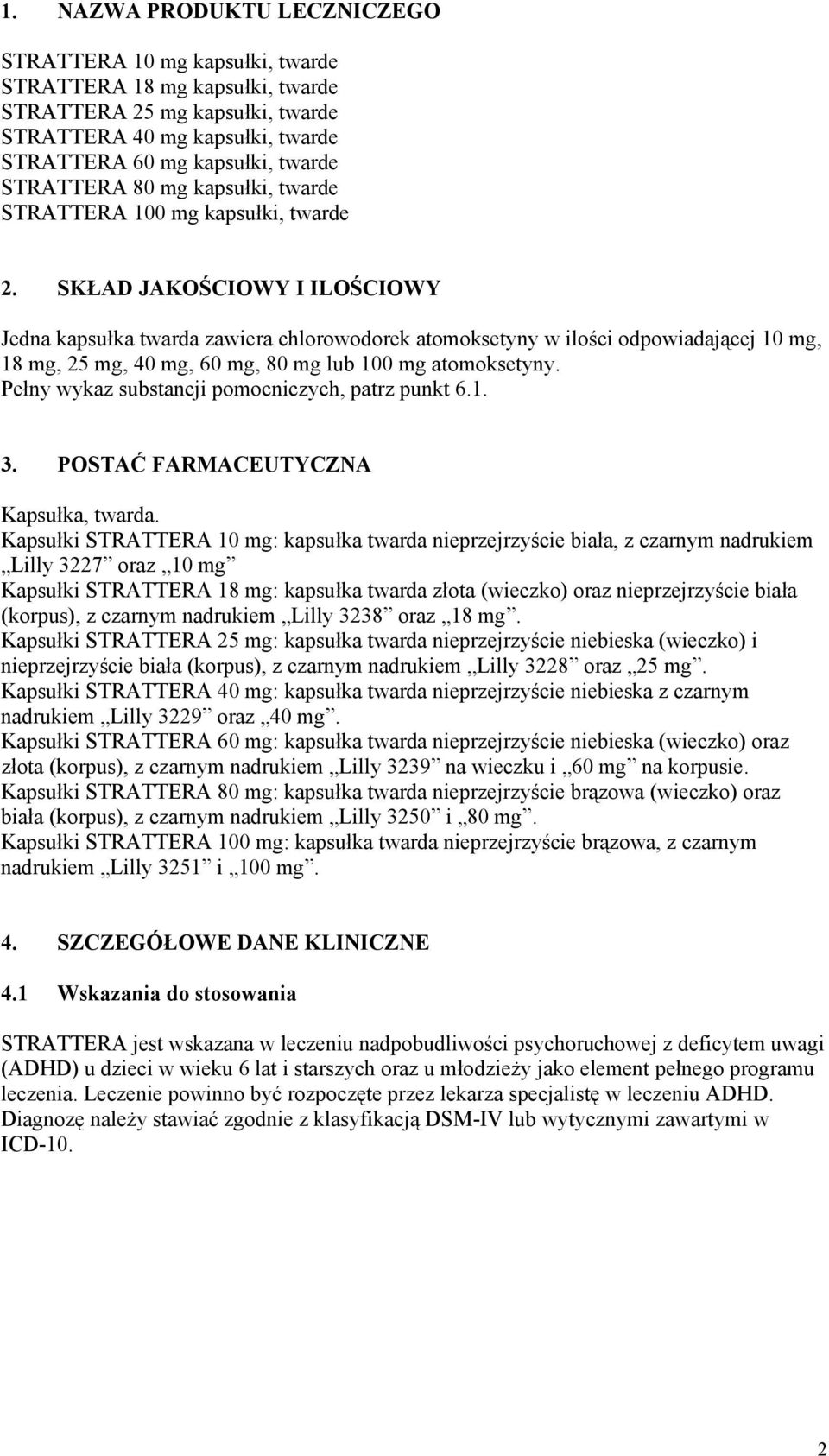 SKŁAD JAKOŚCIOWY I ILOŚCIOWY Jedna kapsułka twarda zawiera chlorowodorek atomoksetyny w ilości odpowiadającej 10 mg, 18 mg, 25 mg, 40 mg, 60 mg, 80 mg lub 100 mg atomoksetyny.