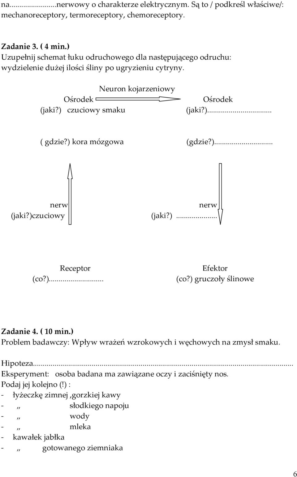 ) kora mózgowa (gdzie?)... nerw nerw (jaki?)czuciowy (jaki?)... Receptor (co?)... Efektor (co?) gruczoły ślinowe Zadanie 4. ( 10 min.