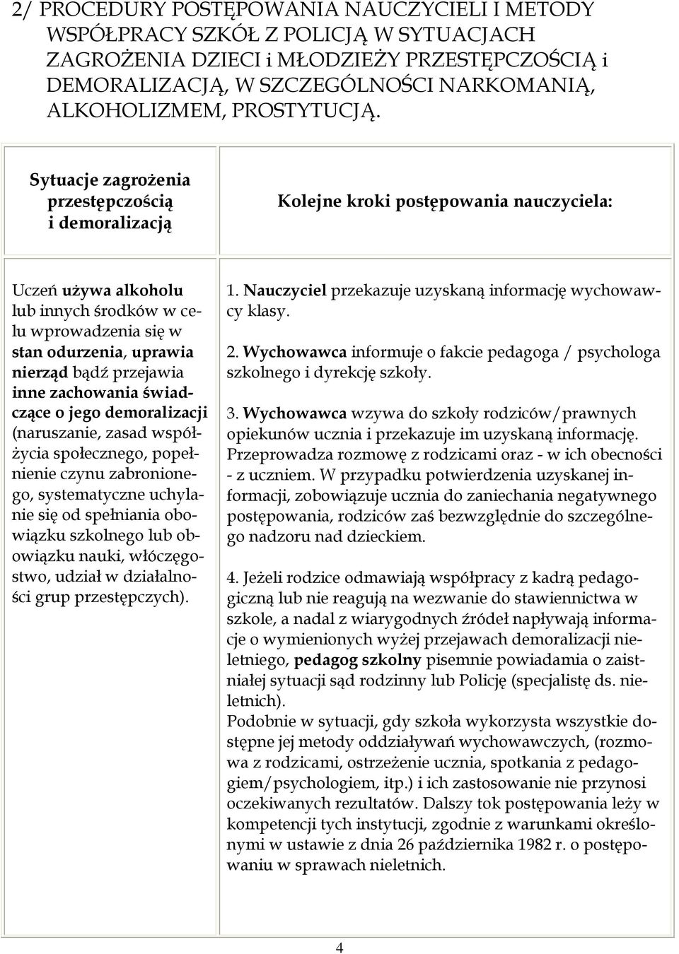 Sytuacje zagrożenia przestępczością i demoralizacją Kolejne kroki postępowania nauczyciela: Uczeń używa alkoholu lub innych środków w celu wprowadzenia się w stan odurzenia, uprawia nierząd bądź