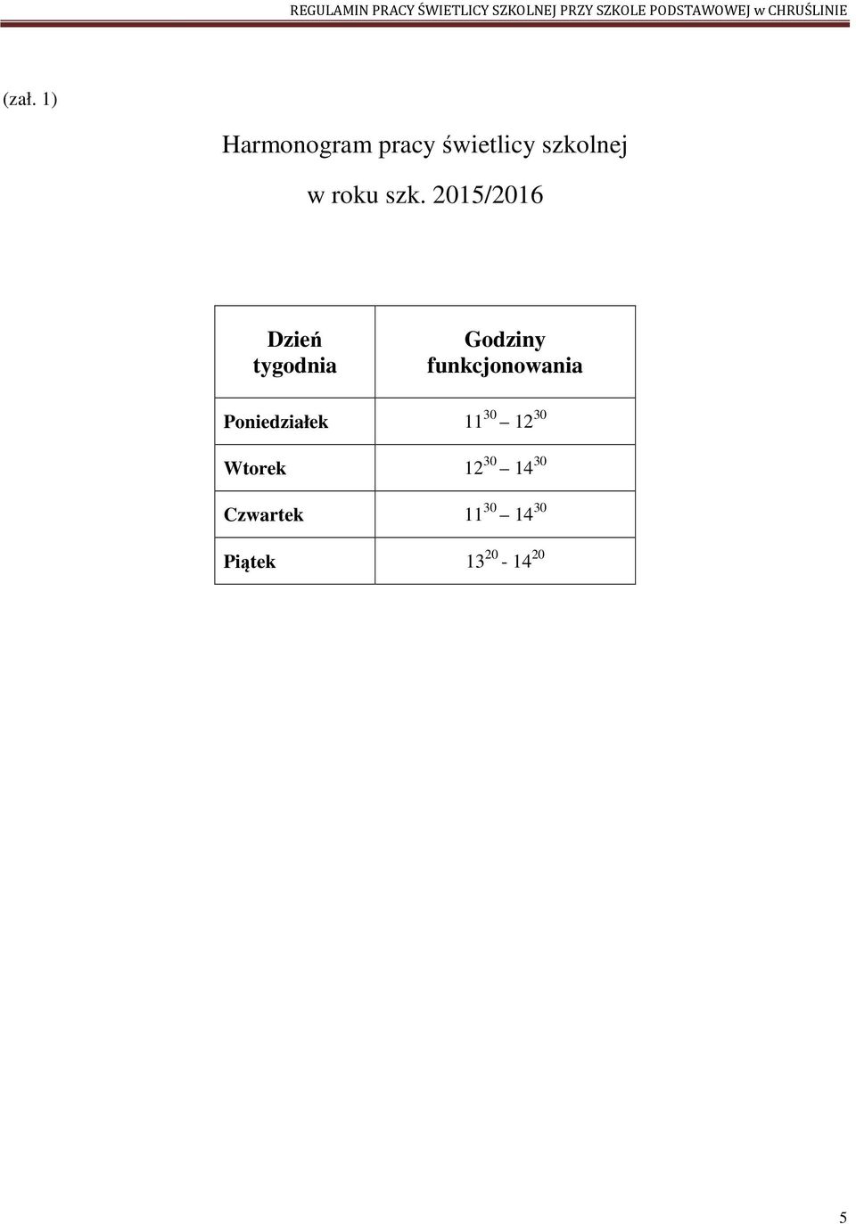 2015/2016 Dzień tygodnia Godziny funkcjonowania