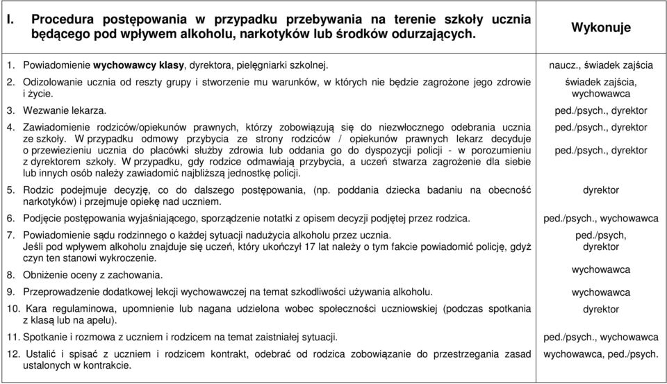 Zawiadomienie rodziców/opiekunów prawnych, którzy zobowiązują się do niezwłocznego odebrania ucznia ze szkoły.