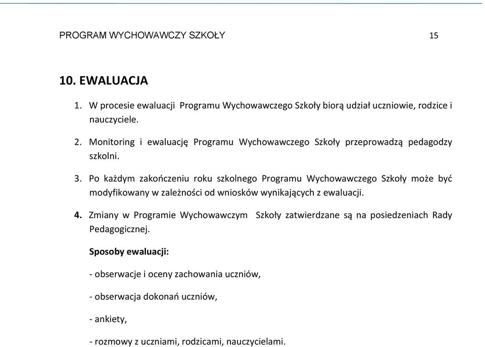 Po każdym zakooczeniu roku szkolnego Programu Wychowawczego Szkoły może byd modyfikowany w zależności od wniosków wynikających z ewaluacji. 4.